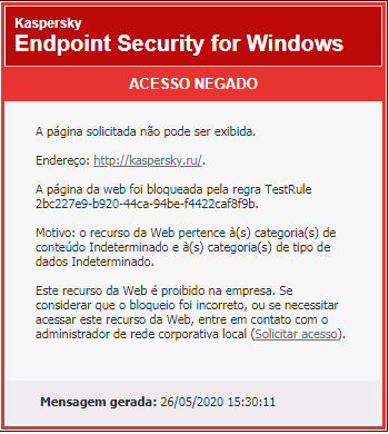 Notificação da Kaspersky sobre o bloqueio de acesso à página da Web na janela do navegador. O usuário pode criar uma solicitação para acessar o recurso da Web.