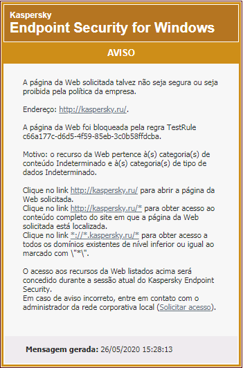 Notificação da Kaspersky sobre a visita a uma página da Web possivelmente insegura na janela do navegador. O usuário pode criar uma solicitação para acessar o recurso da Web.