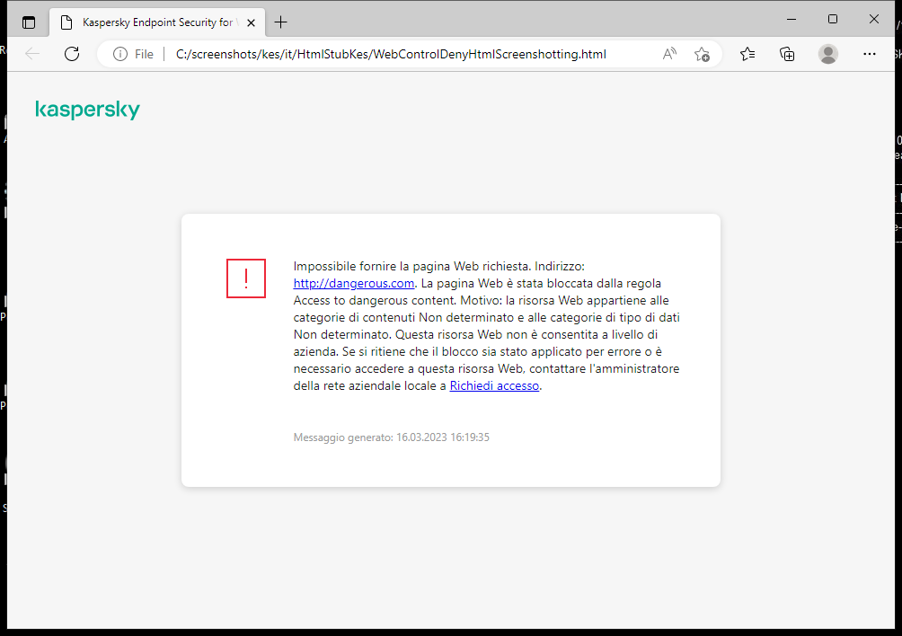 Notifica di Kaspersky relativa al blocco dell'accesso alla pagina Web nella finestra del browser. L'utente può creare una richiesta per accedere alla risorsa Web.