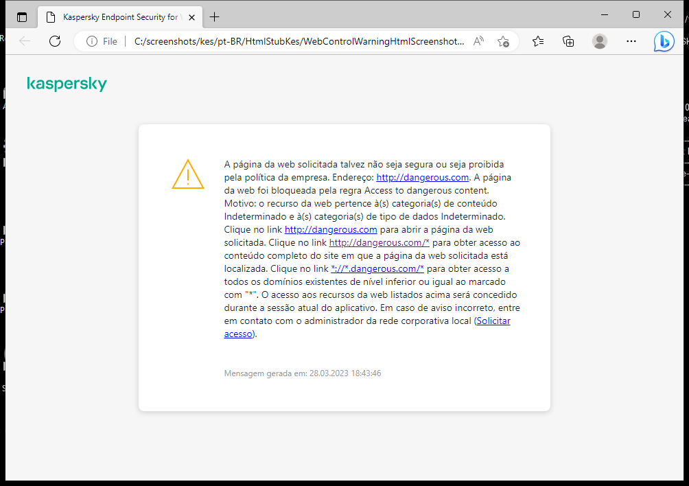 Notificação da Kaspersky sobre a visita a uma página da Web possivelmente insegura na janela do navegador. O usuário pode criar uma solicitação para acessar o recurso da Web.