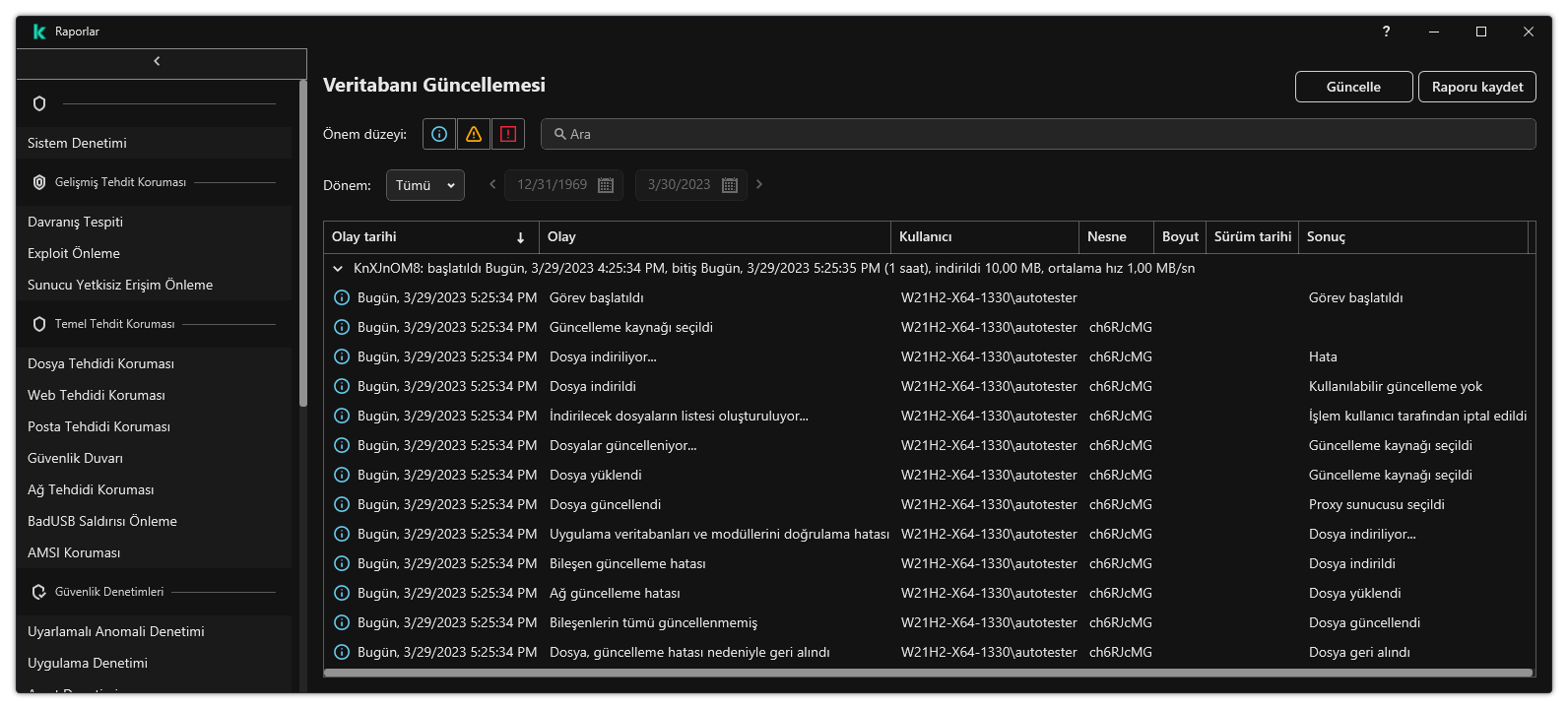Rapordaki olayların listesini içeren bir pencere. Kullanıcı olayları filtreleyebilir/sıralayabilir ve raporları bir dosyaya kaydedebilir.