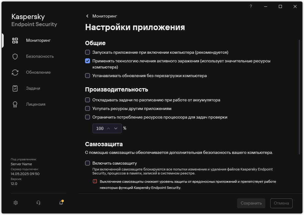 Окно с параметрами приложения. Пользователь может настроить параметры производительности, самозащиты и другие параметры.