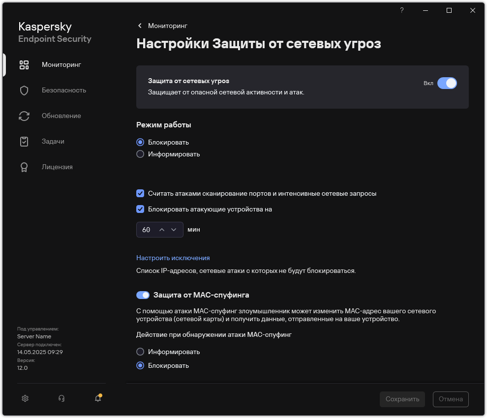 Окно с параметрами Защиты от сетевых угроз.