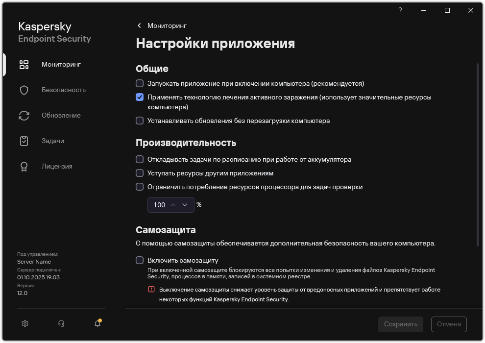 Окно с параметрами приложения. Пользователь может настроить параметры производительности, самозащиты и другие параметры.