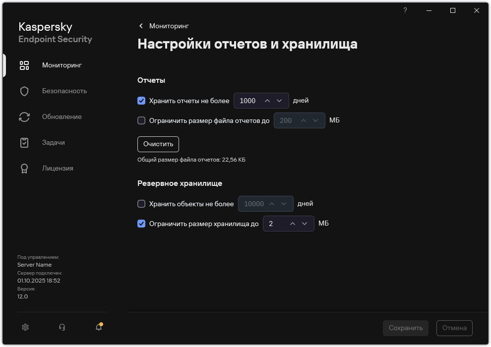 Окно настройки отчетов и хранилища. Пользователь может задать размер и срок хранения отчетов и объектов в хранилище.