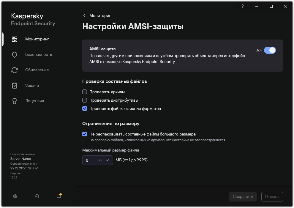 Окно с параметрами AMSI-защиты.