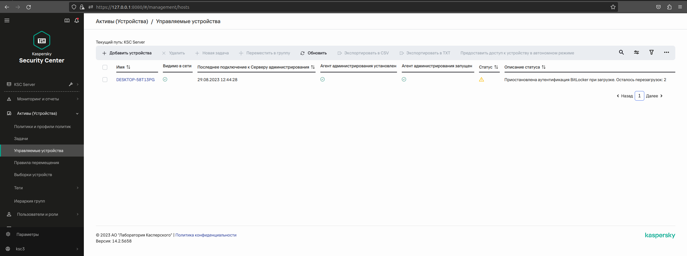 Окно со списком устройств, на которых запущено шифрование BitLocker. Отображаются статус и идентификатор диска.