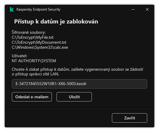 Okno se souborem požadavku na přístup k zašifrovaným datům. Uživatel může vygenerovaný soubor uložit na disk nebo poslat e-mailem.