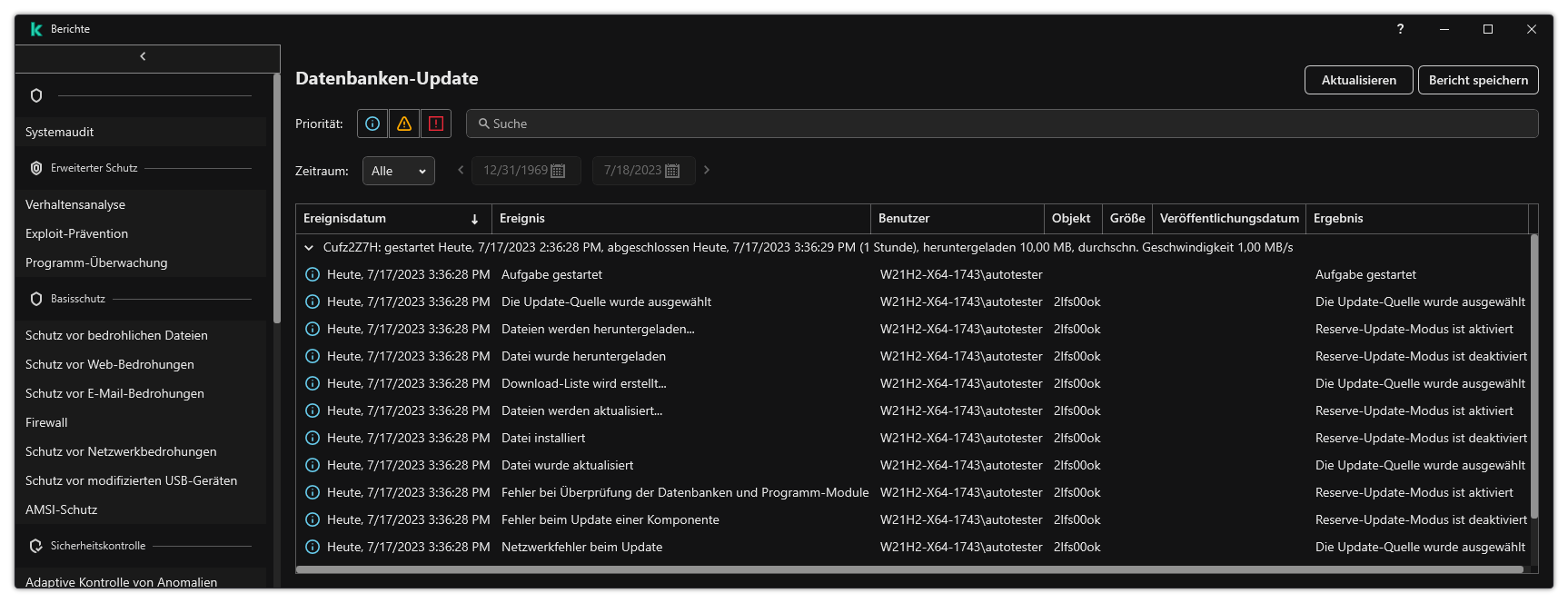 Ein Fenster mit der Ereignisliste im Bericht. Der Benutzer kann Ereignisse filtern bzw. sortieren und Berichte in einer Datei speichern.