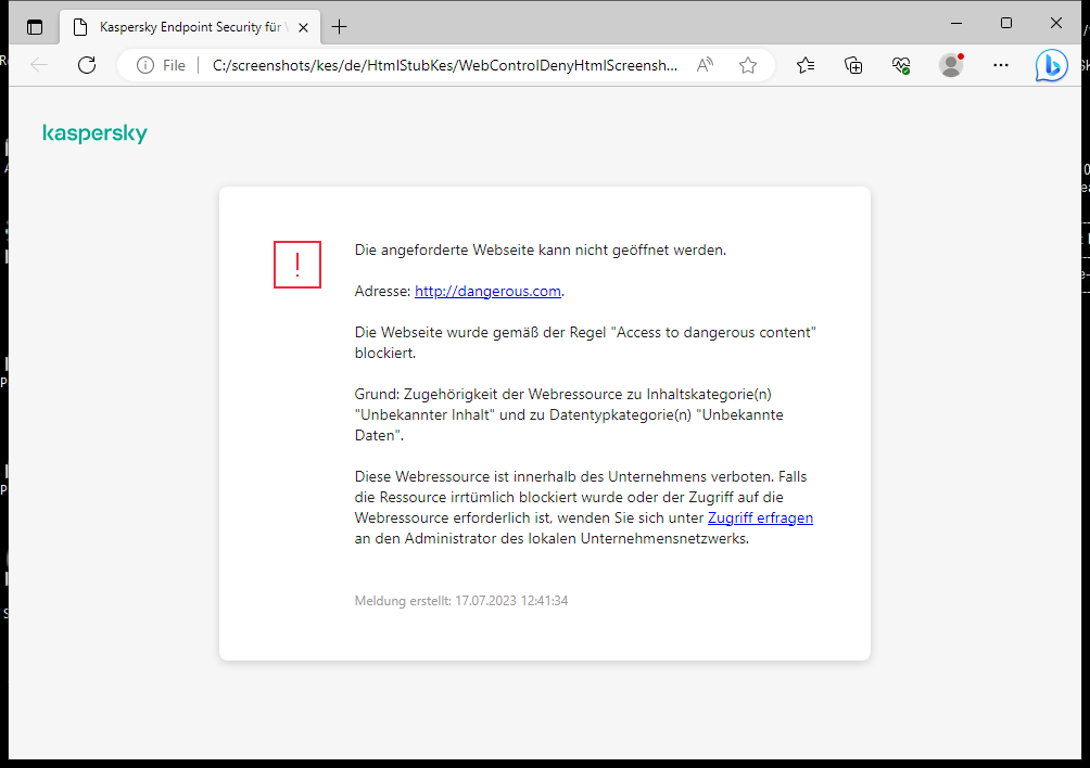 Kaspersky-Benachrichtigung: Blockieren des Zugriffs auf die Webseite im Browserfenster. Der Benutzer kann eine Zugriffsanfrage für die Webressource erstellen.