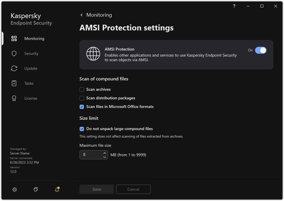 AMSI Protection settings window.