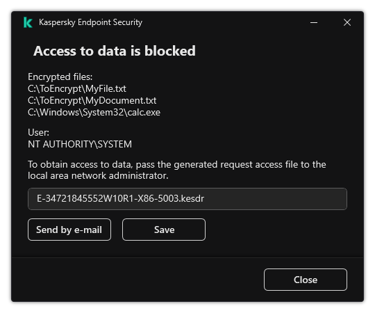 A window with a request file to access encrypted data. The user can save the generated file to disk or send it by email.