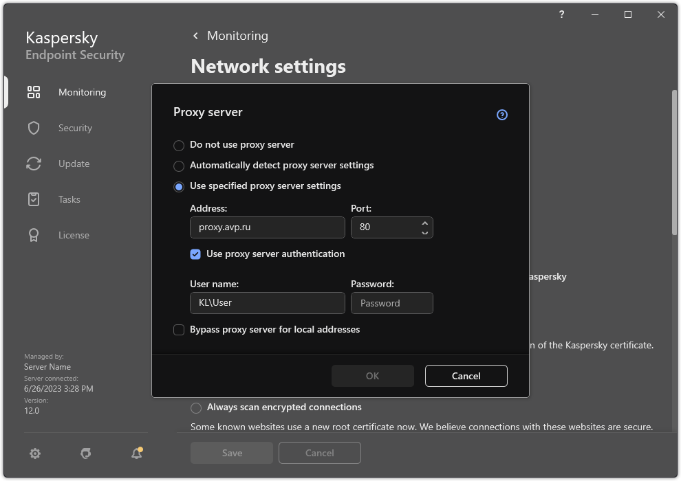 The window for configuring proxy server connection. The user can set the address of the proxy server and credentials for connecting to the proxy server.
