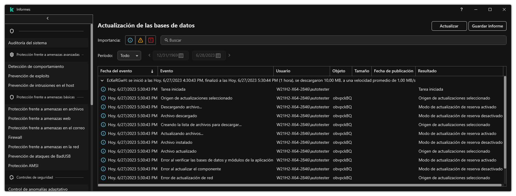 Una ventana con la lista de eventos del informe. El usuario puede filtrar/ordenar eventos y guardar informes en un archivo.