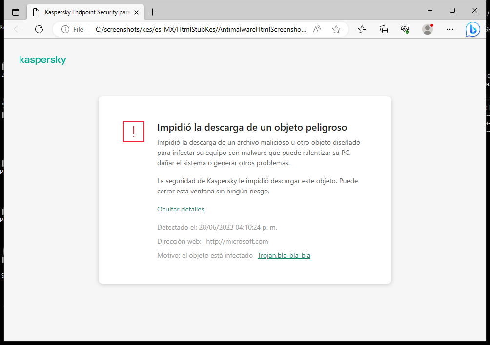 Notificación de Kaspersky sobre cómo evitar que se carguen objetos maliciosos en la ventana del navegador.
