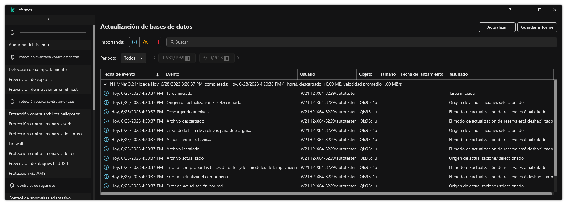Una ventana con la lista de eventos en el informe. El usuario puede filtrar/ordenar eventos y guardar informes en un archivo.