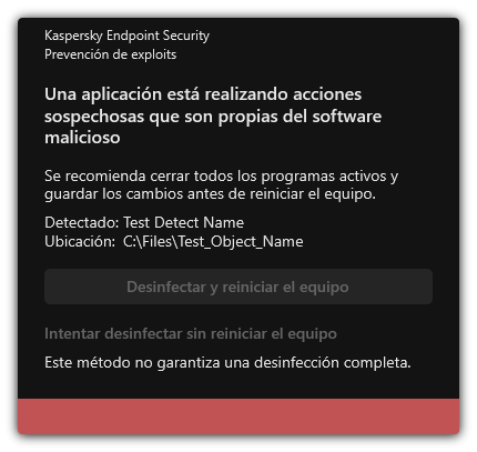 Notificación de detección de malware. El usuario puede reiniciar o no el equipo para realizar la desinfección.