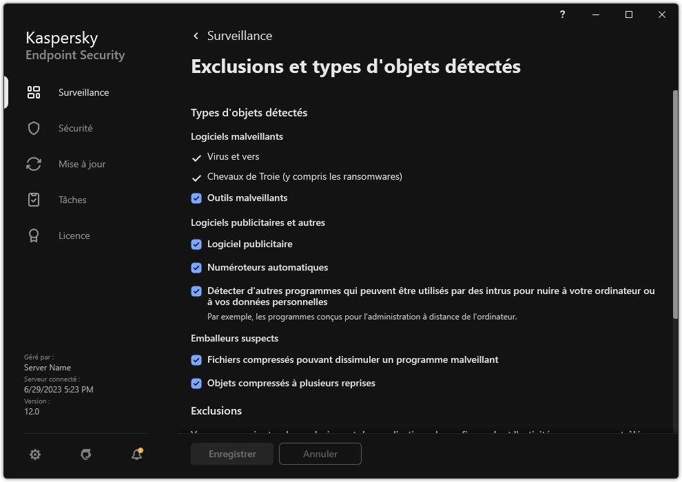 Fenêtre des paramètres d'exclusion. L'utilisateur peut sélectionner les types d'objets détectés et ajouter des objets aux exclusions.