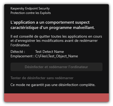 Notification de détection de programmes malveillants. L'utilisateur peut procéder à la désinfection avec ou sans redémarrage de l'ordinateur.
