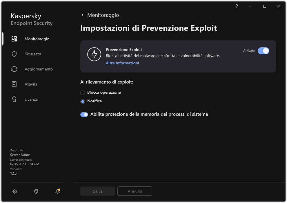 Finestra Impostazioni di Prevenzione Exploit