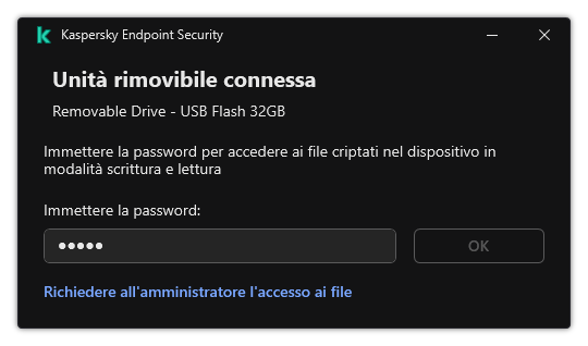 La finestra contiene un campo di immissione della password. L'utente può creare una richiesta di accesso ai file.
