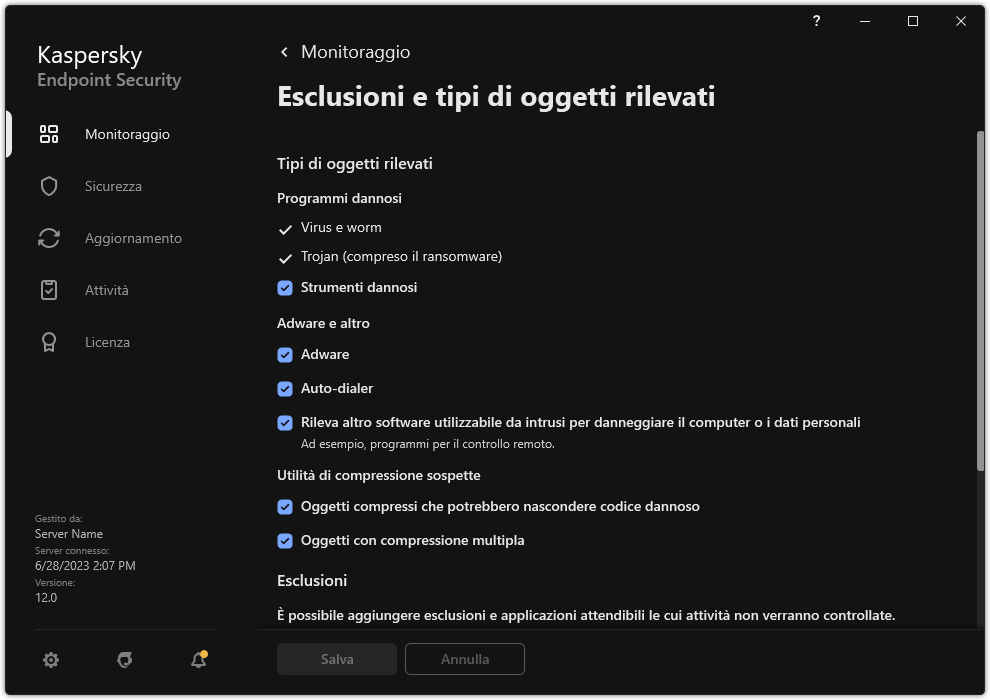 Finestra delle impostazioni di esclusione. L'utente può selezionare i tipi di oggetti rilevati e aggiungere oggetti alle esclusioni.