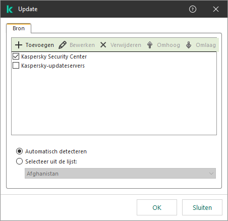 Een venster met de lijst met updatebronnen. De gebruiker kan updatebronnen toevoegen en een prioriteit aan de bron toewijzen.
