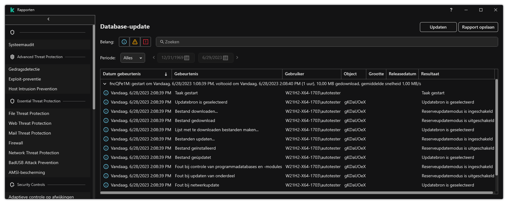 Een venster met de lijst van evenementen in het rapport. De gebruiker kan gebeurtenissen filteren/sorteren en rapporten opslaan in een bestand.