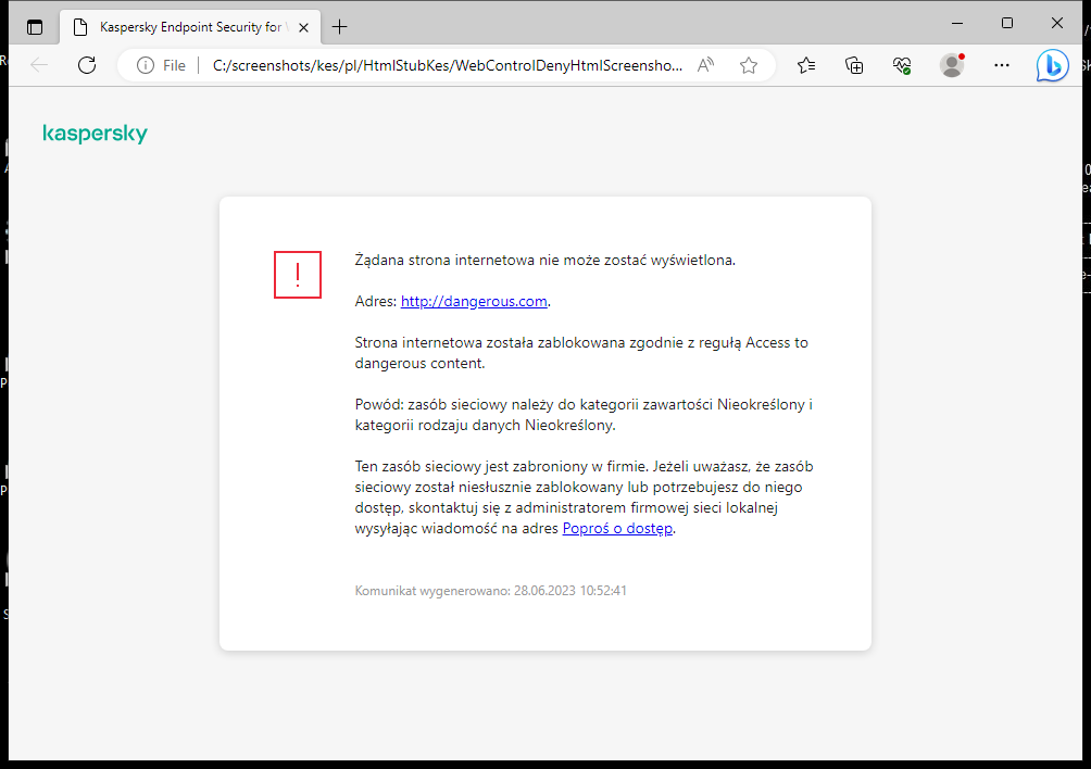 Powiadomienie firmy Kaspersky o zablokowaniu dostępu do strony internetowej w oknie przeglądarki. Użytkownik może utworzyć żądanie dostępu do zasobu internetowego.
