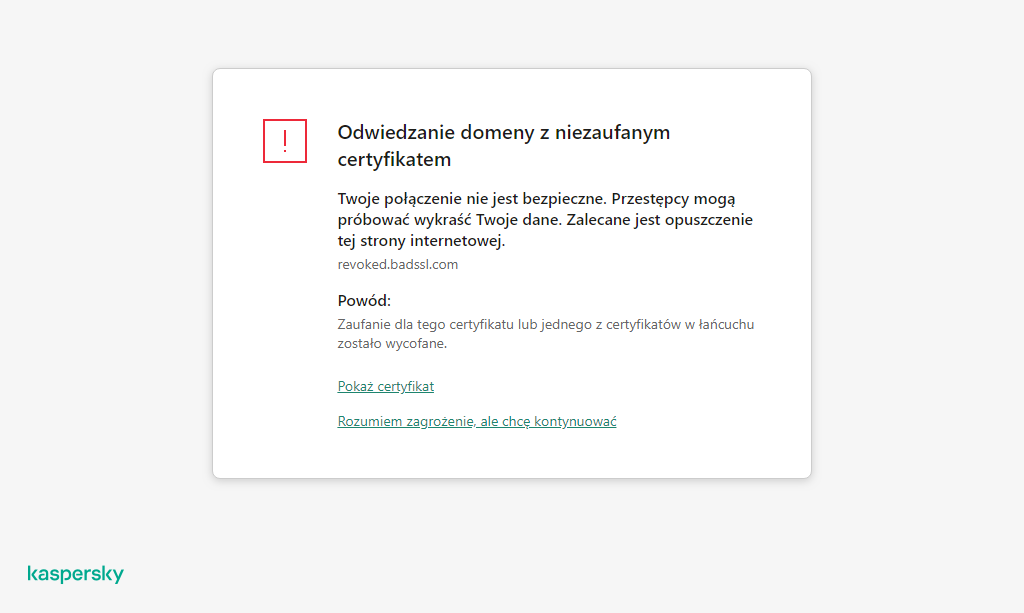 Powiadomienie firmy Kaspersky o odwiedzeniu domeny z niezaufanym certyfikatem w oknie przeglądarki. Użytkownik może kontynuować pracę.