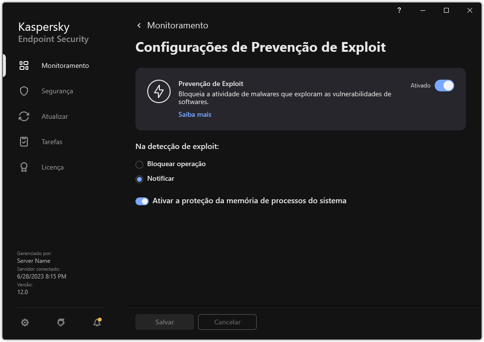 Janela Configurações de prevenção de exploit