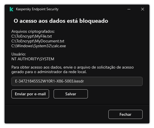 Uma janela com um arquivo de solicitação para acessar os dados criptografados. O usuário pode salvar o arquivo gerado em disco ou enviá-lo por e-mail.