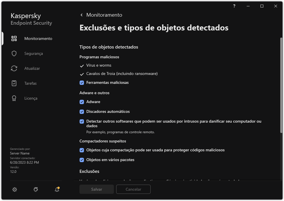 Janela Configurações de exclusão. O usuário pode selecionar os tipos de objetos detectados e adicionar objetos às exclusões.