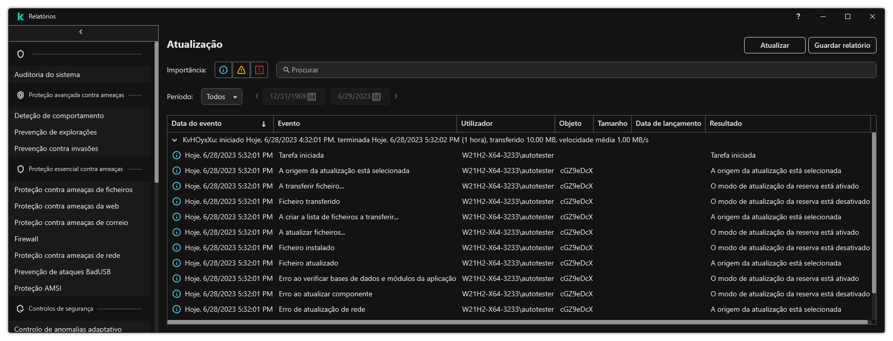Uma janela com a lista de eventos no relatório. O utilizador pode filtrar/ordenar eventos e guardar relatórios num ficheiro.