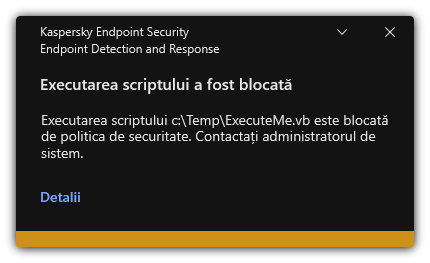Notificare despre executarea scriptului blocat. Utilizatorul poate vizualiza informații detaliate despre regulă.