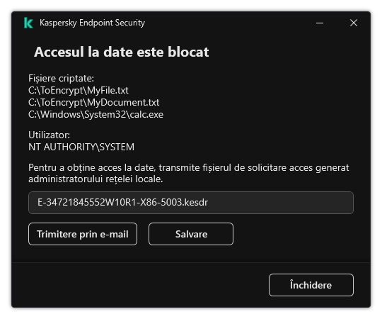 O fereastră cu un fișier de solicitare pentru accesarea datelor criptate. Utilizatorul poate salva fișierul generat pe disc sau îl poate trimite prin e-mail.
