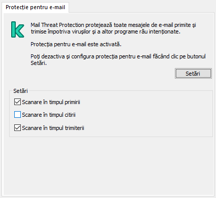 Extensia Kaspersky pentru fereastra Outlook. Utilizatorul poate configura mesajele pentru a fi scanate atunci când sunt primite, citite sau trimise.