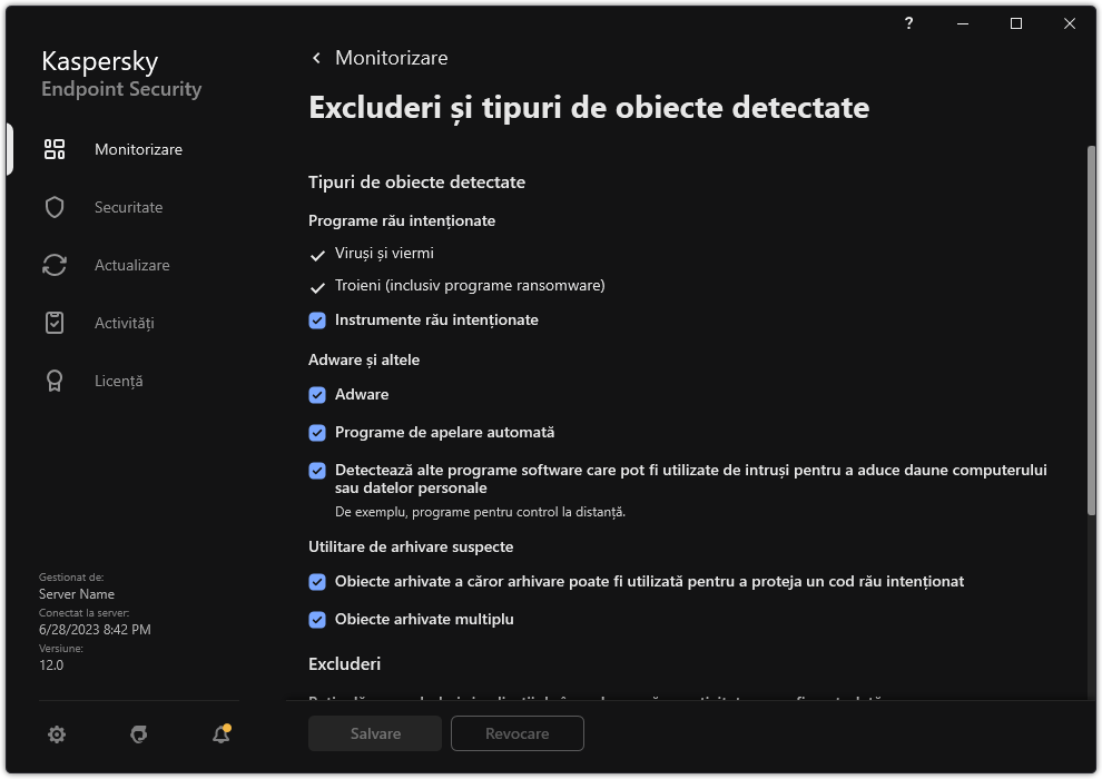 Fereastra cu setările excluderilor. Utilizatorul poate selecta tipuri de obiecte detectate și poate adăuga obiecte la excluderi.