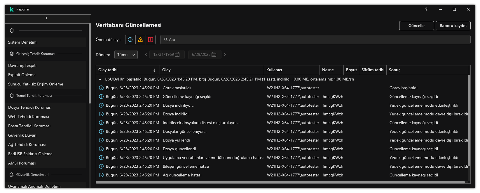Rapordaki olayların listesini içeren bir pencere. Kullanıcı olayları filtreleyebilir/sıralayabilir ve raporları bir dosyaya kaydedebilir.