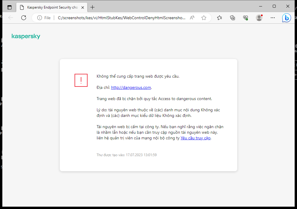 Thông báo của Kaspersky về việc chặn truy cập trang web trong cửa sổ trình duyệt. Người dùng có thể tạo một yêu cầu truy cập tài nguyên web.