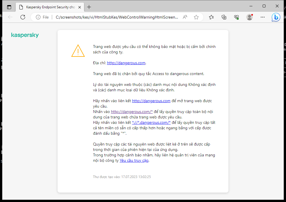 Thông báo của Kaspersky về việc truy cập một trang web có thể không bảo mật trong cửa sổ trình duyệt. Người dùng có thể tạo một yêu cầu truy cập tài nguyên web.