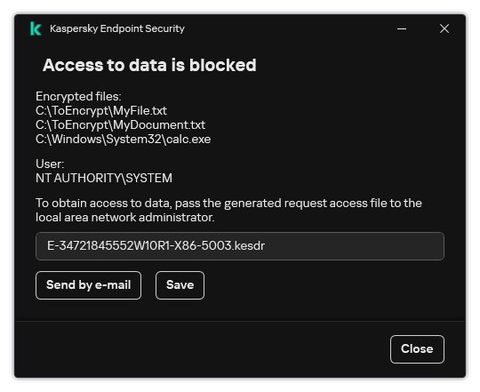 A window with a request file to access encrypted data. The user can save the generated file to disk or send it by email.