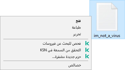 قائمة سياق الملف مع عناصر Kaspersky: التحقق من البرامج الضارة، والتحقق من السمعة في KSN، وإنشاء أرشيف مشفر.
