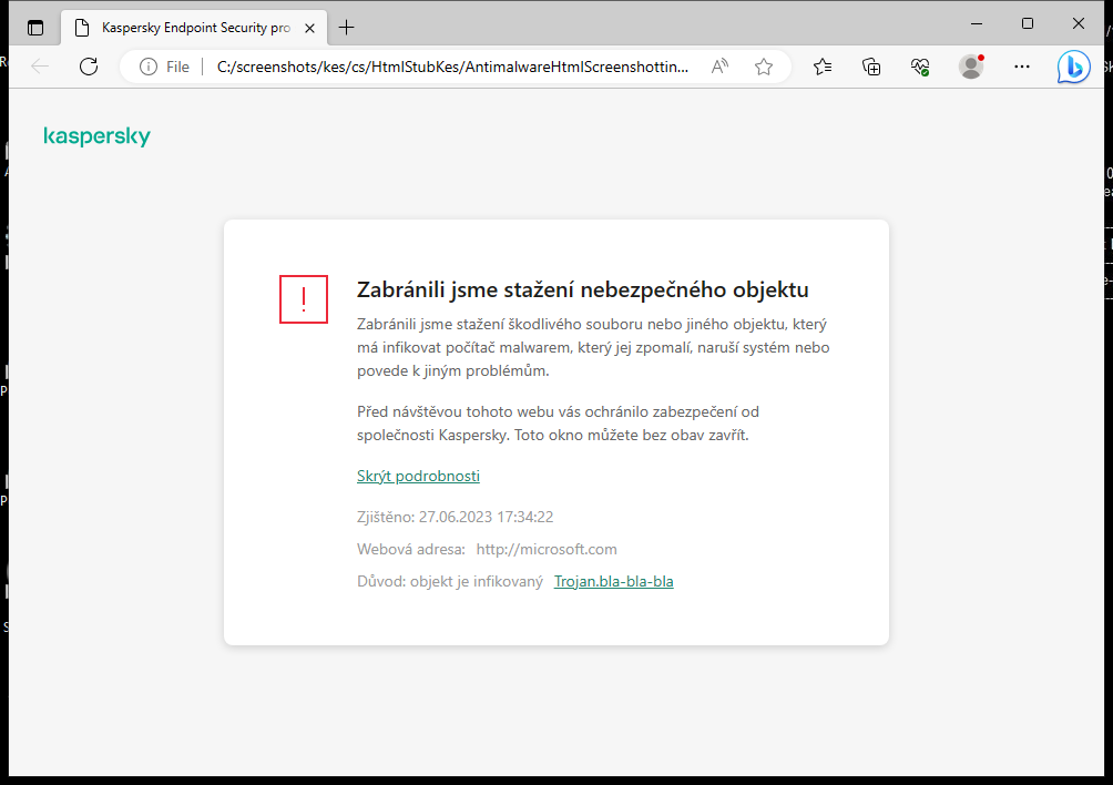 Upozornění aplikace Kaspersky na zabránění načtení škodlivého objektu v okně prohlížeče.