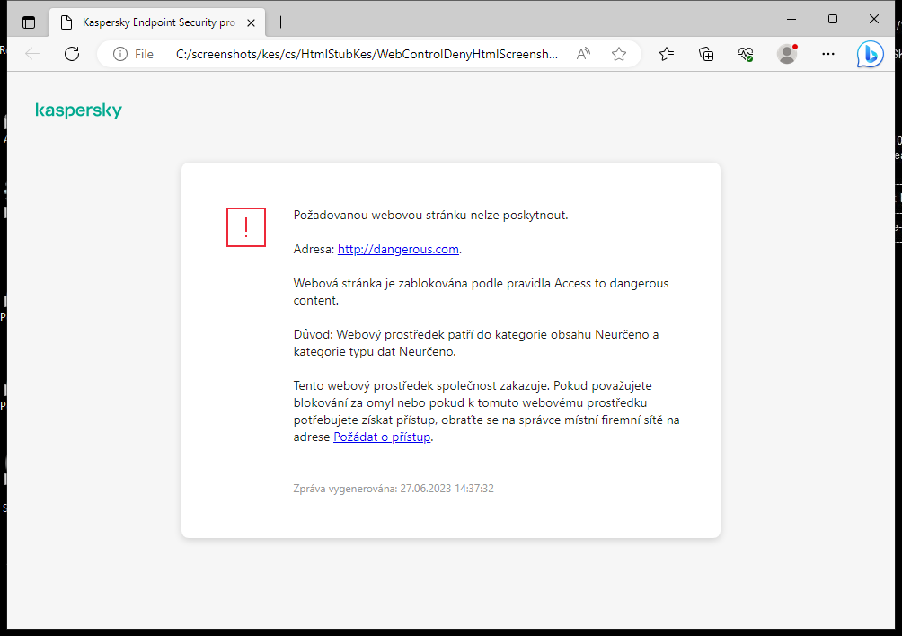 Upozornění aplikace Kaspersky na zablokování přístupu na webovou stránku v okně prohlížeče. Uživatel může vytvořit požadavek na přístup k webovému prostředku.