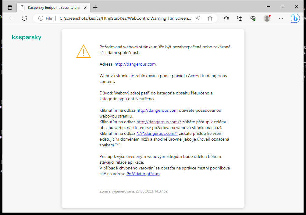 Upozornění aplikace Kaspersky na návštěvu potenciálně nezabezpečené webové stránky v okně prohlížeče. Uživatel může vytvořit požadavek na přístup k webovému prostředku.