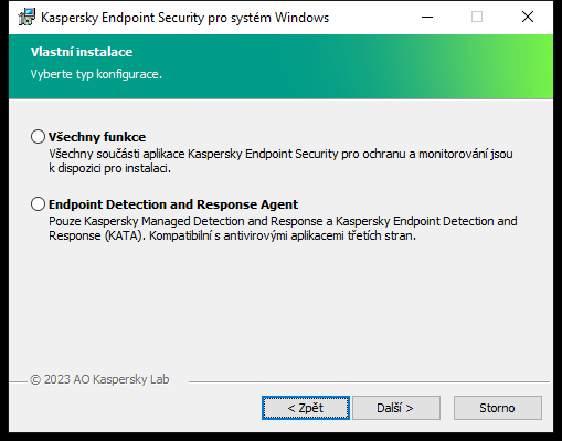 Instalační okno s konfigurací aplikace: všechny funkce, nebo Endpoint Detection and Response Agent.