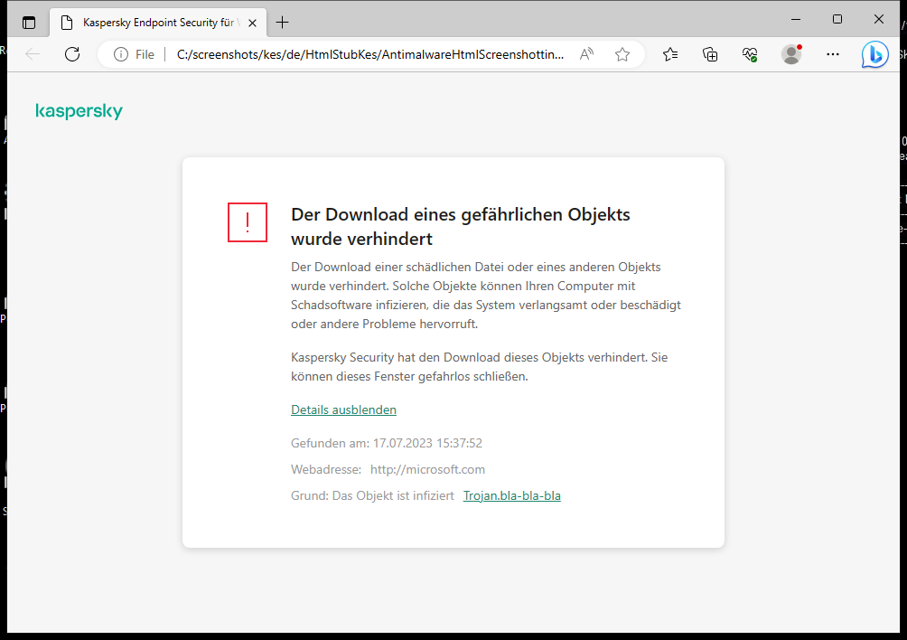 Kaspersky-Benachrichtigung: Das Laden eines schädlichen Objekts im Browserfenster wurde verhindert.