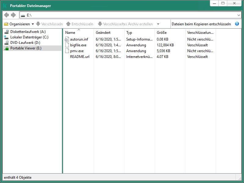 Das Fenster „Portabler Dateimanager“. Der Benutzer kann Dateien verschlüsseln bzw. entschlüsseln oder ein verschlüsseltes Archiv erstellen.