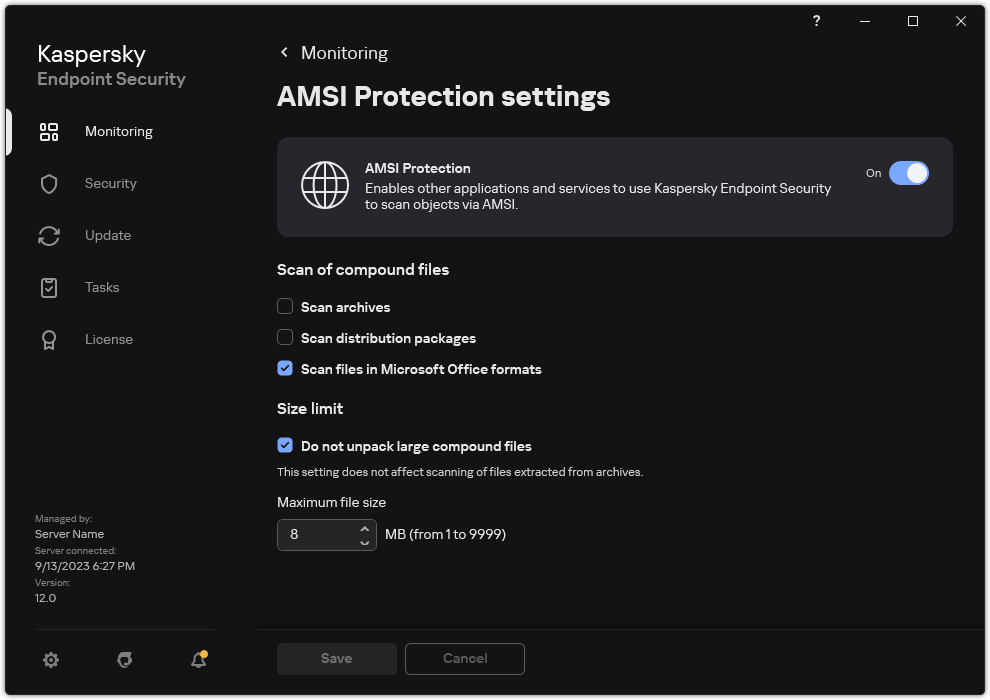 AMSI Protection settings window.